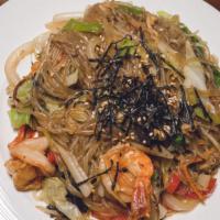Japchae (Johp-Chay) · Stir-fried traditional vegetables, cellophane noodles with soy sauce and sesame oil. Does no...