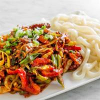 Nakji Bokkeum · Spicy. Spicy stir-fried octopus and vegetables in a sweet chili sauce with udon noodles