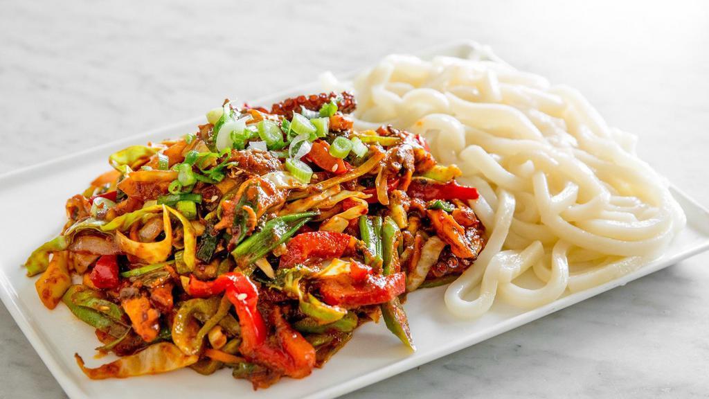Nakji Bokkeum · Spicy. Spicy stir-fried octopus and vegetables in a sweet chili sauce with udon noodles