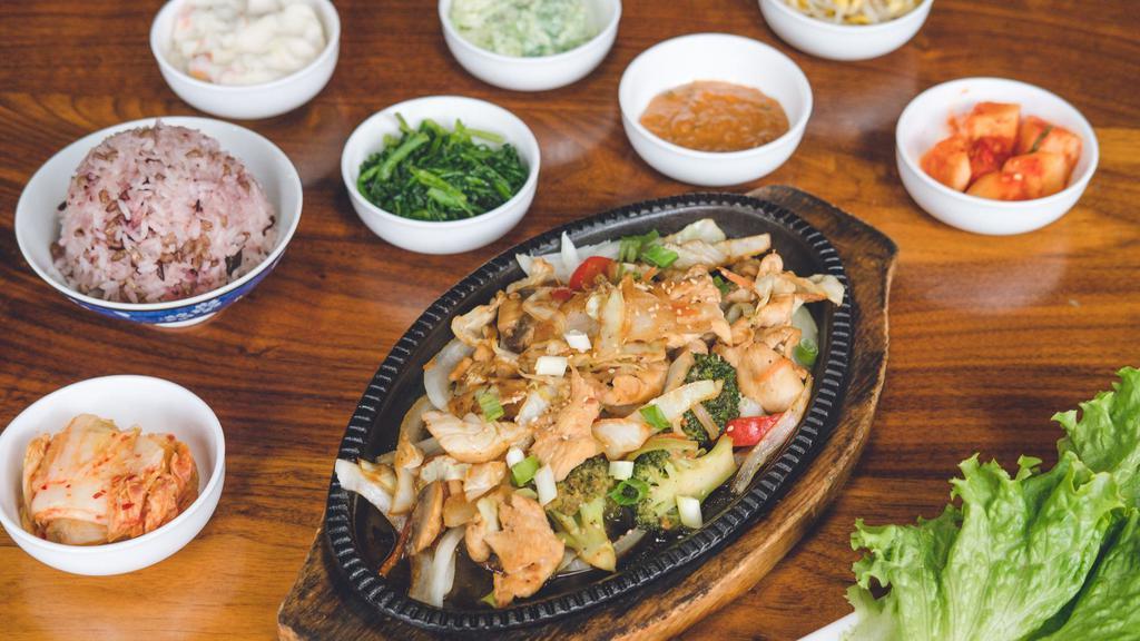 Chicken Bbq · Marinated sliced chicken breast sautéed with broccoli, mushrooms, carrots, onions, and cabbage. Served with fresh veggies, bean paste, and choice of white rice or mixed grain rice