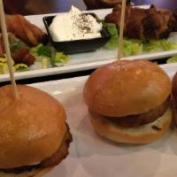 Hamburger Sliders (3) · Seasoned beef sliders served on toasted mini brioche rolls with BBQ mayonnaise and pickles.