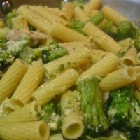 Pasta With Broccoli · Rigatoni Pasta in garlic and olive oil, with sautéed heads of broccoli, topped with fresh ba...