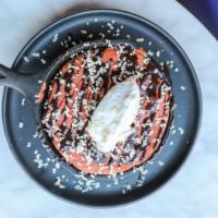 Red Velvet Cake Skillet  · chocolate ganache, cream cheese frosting, halva shavings