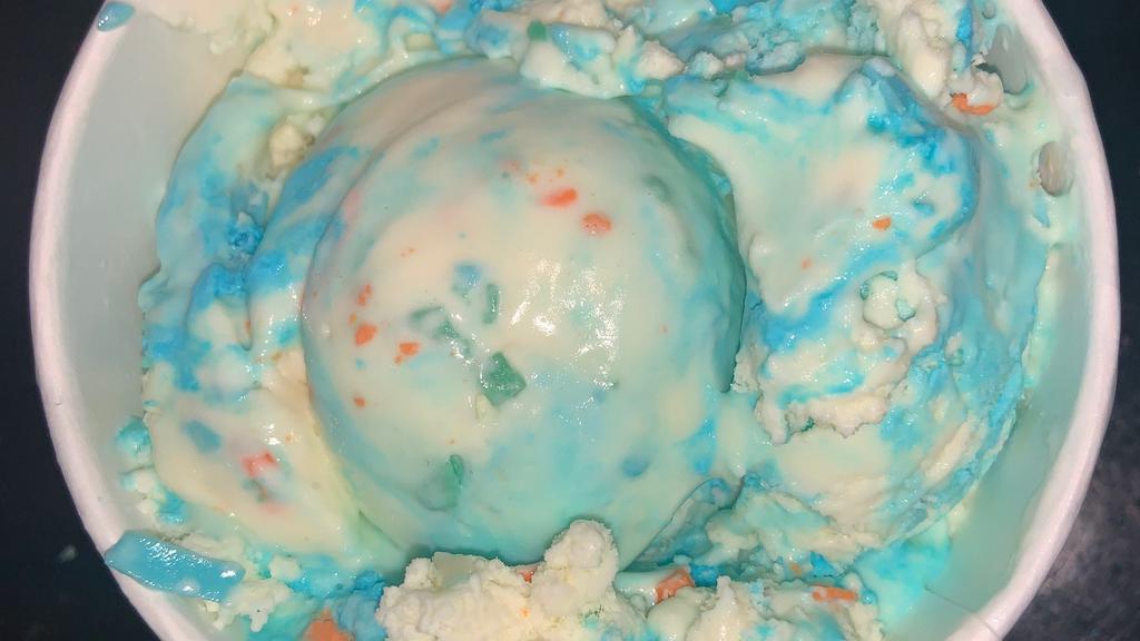 Bassett'S Birthday Cake Ice Cream · Cake batter chunks in Bassett's vanilla ice cream with colorful candy pieces and waves of blue icing (contains soy & coconut)