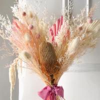 Pink Light · Hand tied dried flowers bouquet in pink and neutral tones.