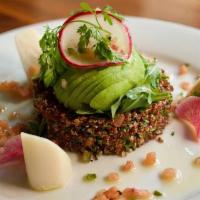 Organic Quinoa Salad · Watercress, hearts of palm tomato, avocado, quinoa pineapple sauce.