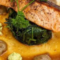Crispy Atlantic Salmon · Edamame Puree, Baba-Ganoush, Spinach, Organic Miso Glase