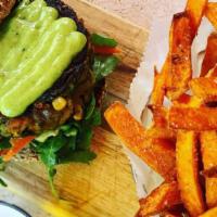 Home-Made Veggie Burger · Fresh hers aioli avocado, arugula whole wheat bun, sweet potato fries or greens.