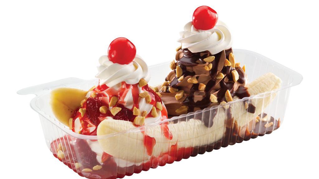 Banana Barge · one serving of soft vanilla  ice cream and one serving of soft chocolate ice cream with spilt banana and tops with strawberries , sprinkles , whipped cream and  cherries
