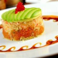 Sushi Tiramisu · Spicy tuna and spicy kani crunch layer top with avo severd with mango sauce spicy mayo and e...