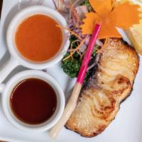 Grilled Marinated Black Cod Fish · Served with rice and choice of miso soup or house salad.