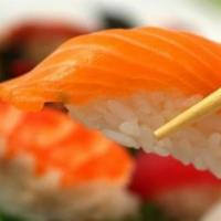 Salmon · One piece sushi two pieces sashimi.