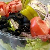 The Greek · Romaine, Cucumbers, Black Olives, Red Onions, Pepperoncinis, Feta Cheese, Lemon and Oregano ...