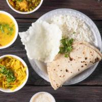 Express Thali · 2 curry, 3 chapatti, dal, rice and papad.