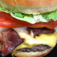 Nywbc Burger · 8 oz. Angus burger topped with American and cheddar cheeses. Applewood smoked bacon, fried o...