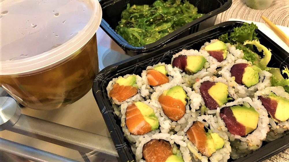 Sushi And Sashimi Combo · Served with 5 Pcs. Sushi, 14 Pcs. Sashimi & California Roll.
