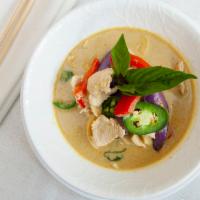 Green Curry · Bamboo shoot, basil, bell pepper, long hot chili, coconut milk, and eggplant.