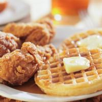 Crispy Chicken Leg, Thigh & Wing Served On A Waffle · Mouthwatering, three pieces of Crispy fried chicken (1 Leg, 1 Thigh, & 1 Wing), served on a ...