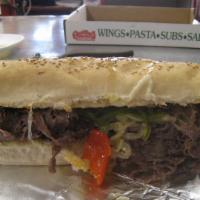 Steak Sub · Tender shaved ribeye steak on a toasted roll with mozzarella. Choice of bbq sauce, cajun spi...