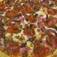 Captain’S Cattleman Low Carb (Large) · Pepperoni, sausage, ham, salami, and meatballs. A hearty meat lover’s delight.