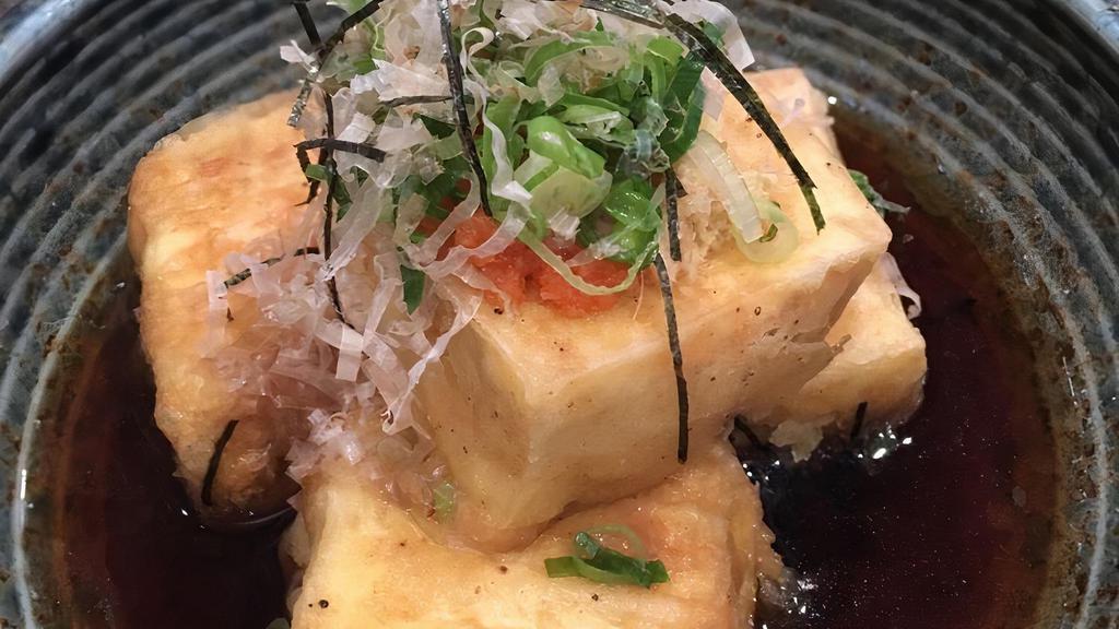 Agedashi Tofu · Lightly fried tofu with bonito flakes on top.