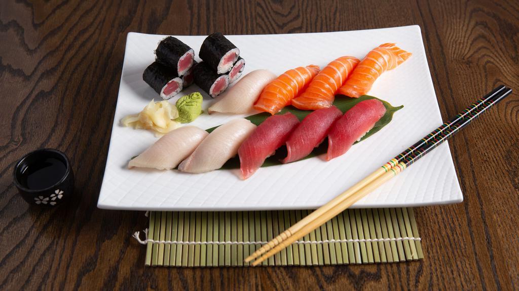 Rainbowl Sushi Set Entree · 3 pieces tuna, 3 pieces salmon, 3 pieces yellowtail with sushi choice of tuna, salmon or yellowtail roll.