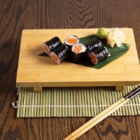 Salmon Roll · Salmon with seaweed on the outside.
