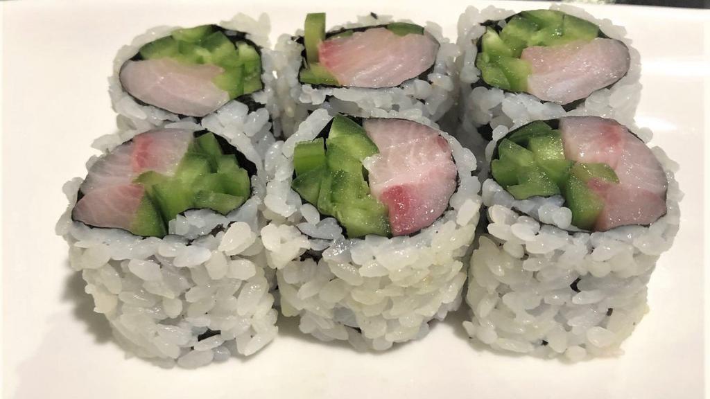 Yellowtail Jalapeno Roll · Yellowtail, jalapeno, wrapped with seaweed, rice on the outside.