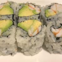 Shrimp Avocado Roll · Shrimp, Avocado, wrapped with seaweed, rice on the outside.