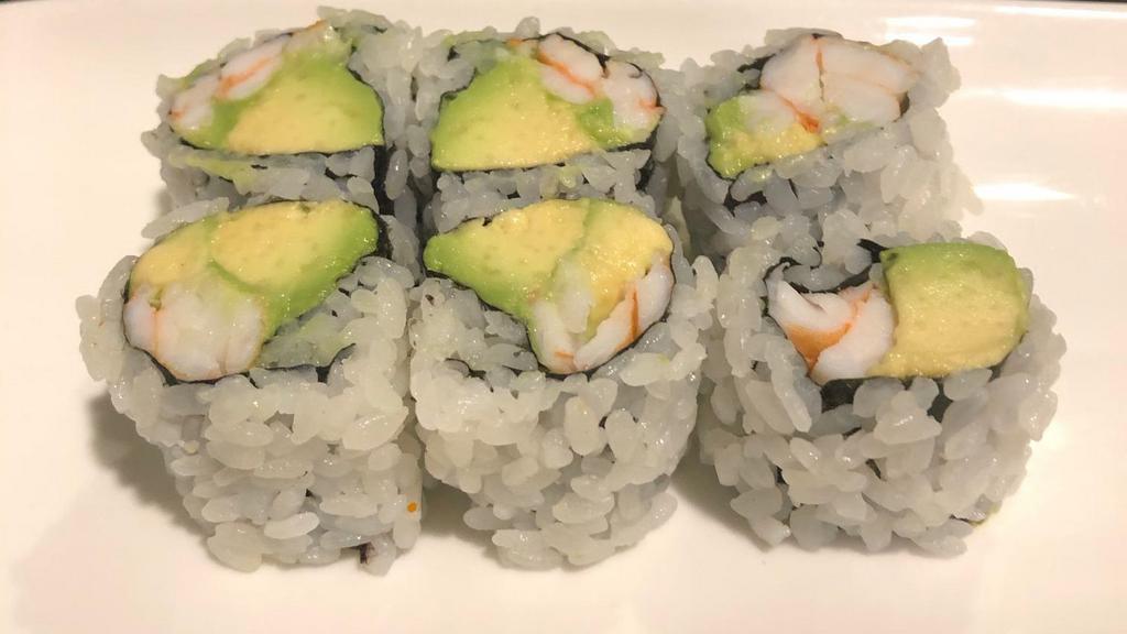 Shrimp Avocado Roll · Shrimp, Avocado, wrapped with seaweed, rice on the outside.