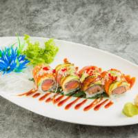 Tiger Roll · Tuna, salmon inside, topped with tuna, salmon, eel, avocado, crunch, masago and scallion. Se...