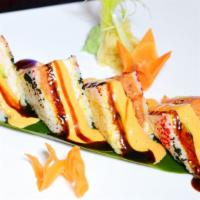Pizza Roll · Spicy tuna, eel, avocado, snow crab, with eel sauce, 3 color tobiko and spicy mayo eel sauce.