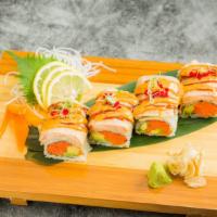 Fusion Roll · Spicy tuna, avocado, scallion inside topped with tempura salmon, tobiko spicy mayo and eel s...