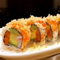 Pop Up Roll · 8 pieces. Spicy salmon, crab meat, shrimp, cucumber and avocado inside, tempura chip and tob...