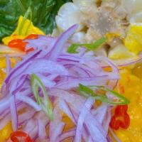 Huancaina · Snapper, shrimp, huancaina aioli, scallions and parsley.