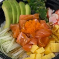Salmon Bowl · Salmon, avocado, crabmeat, cucumber, tamago, seaweed salad, tobiko.