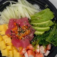 Tuna Bowl · Tuna, avocado, crab meat, cucumber, tamago, seaweed salad, tobiko.