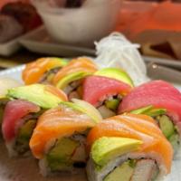 Rainbow Roll · In: Crab slick, cucumber, avocado. Out: Tuna, salmon, white fish, avocado.