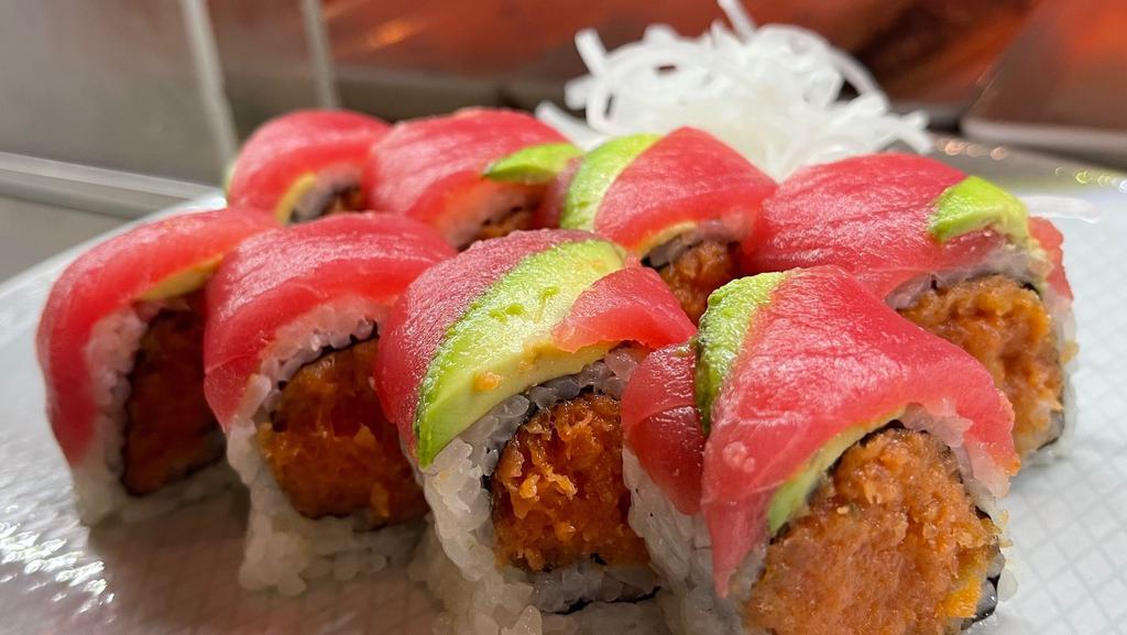 Spicy Titanic Roll · In: Spicy tuna, crunch. Out: Tuna, avocado.