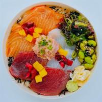 Classic Sushi Bowl · 2 pieces each of Tuna, Yellowtail, Salmon, plus Spicy Tuna, Seaweed Salad, Edamame Salad, pi...