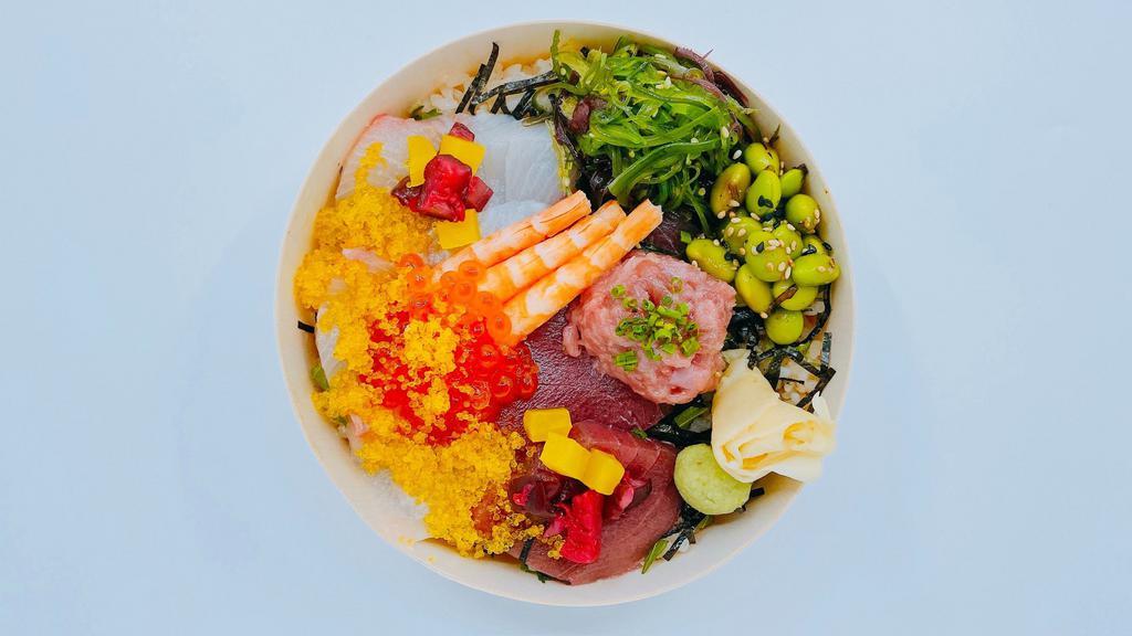 Build-Your-Own Sushi Bowl · All bowls come with 6 pieces of Sashimi, Tartare, Seaweed Salad, Edamame Salad, pickles, wasabi and ginger