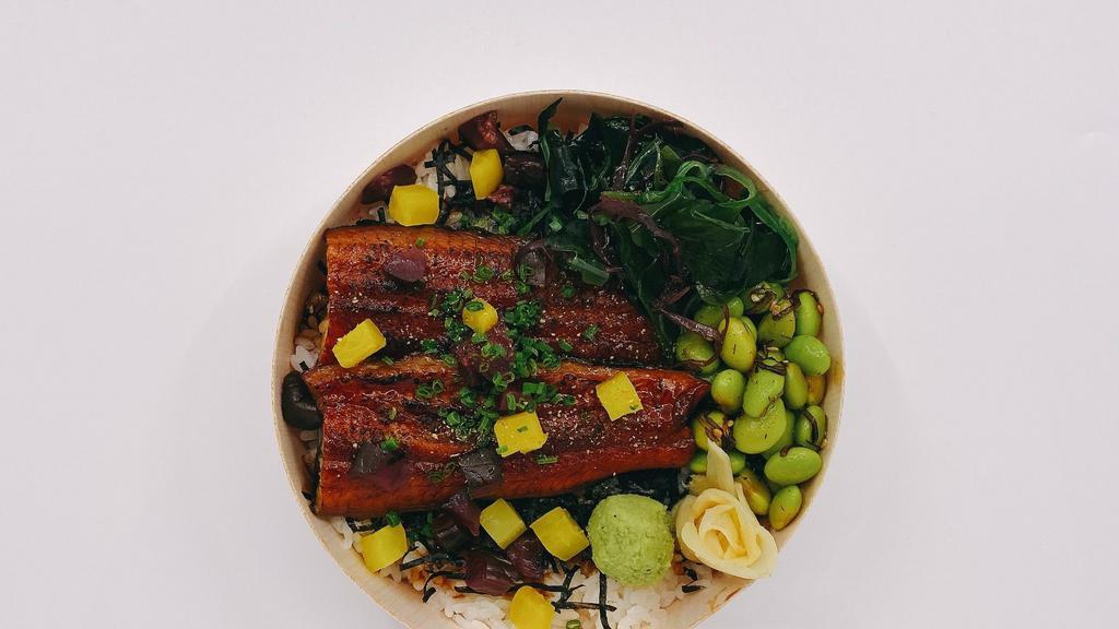 Unagi Bowl · Grilled Freshwater Eel over white rice with Seaweed Salad, Edamame Salad, pickles, wasabi, ginger and Eel Sauce