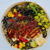 Saba Mackerel Sushi Bowl · Seared Saba Mackerel over sushi rice with Gochujang spicy miso sauce, plus Seaweed Salad, Ed...