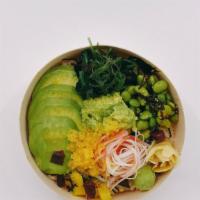 California Bowl · Imitation Crab, Sliced Avocado and Smashed Avocado over Sushi Rice with Seaweed Salad, Edama...