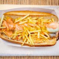 The Alcove Hot Dog · Crunchy Potato Stix, Mozzarella Cheese, Smoked Bacon, Coleslaw, Rosemary & Pineapple Sauce T...