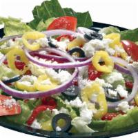 Regular Mediterranean Salad · Fresh greens with red onions, roasted red peppers, black olives, tomatoes and banana peppers...