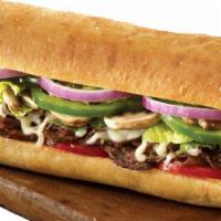 Steak Sub · Seasoned steak and mozzarella cheese, topped with red onions, green peppers, fresh mushrooms...