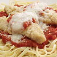 Party Chicken Parmesan Pasta · Serves 12-16. Breaded chicken on pasta with marinara. Finished with mozzarella and Pecorino ...