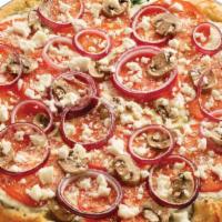 Garlic Spinaci · A white garlic sauce base topped with baby spinach, red onions, mushrooms and tomatoes, then...