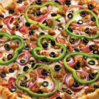 Deluxe Artisan Pizza · Red pizza sauce, pepperoni, fresh mushrooms, green peppers, red onions, black olives, italia...